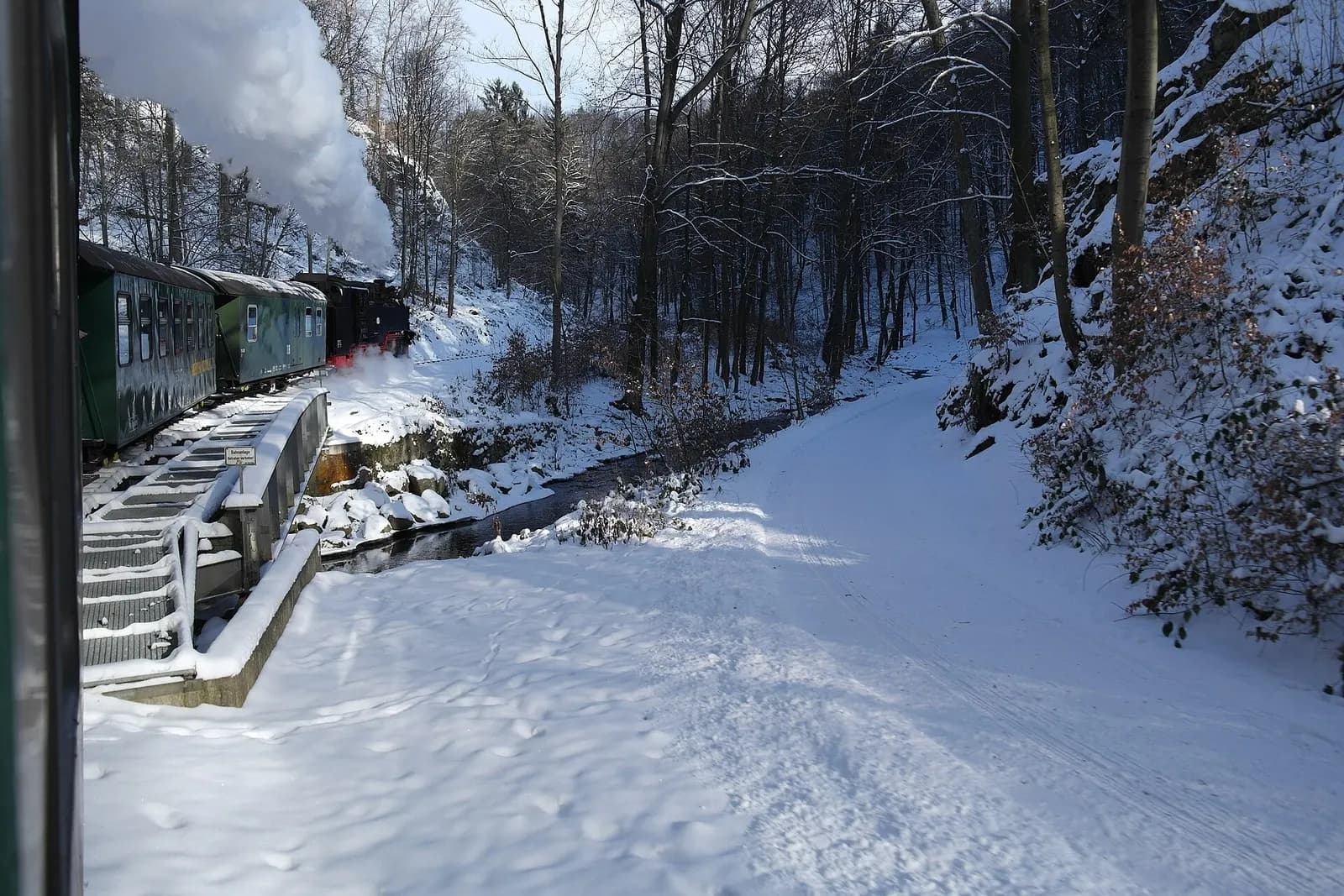 Dampfzug der Weißeritztalbahn im verschneiten Tal der Roten Weißeritz