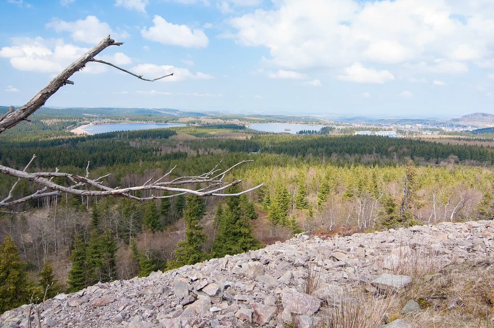 Blick vom Kahleberg über Blockhalde und Fichtenwald auf die beiden Galgenteiche und Altenberg